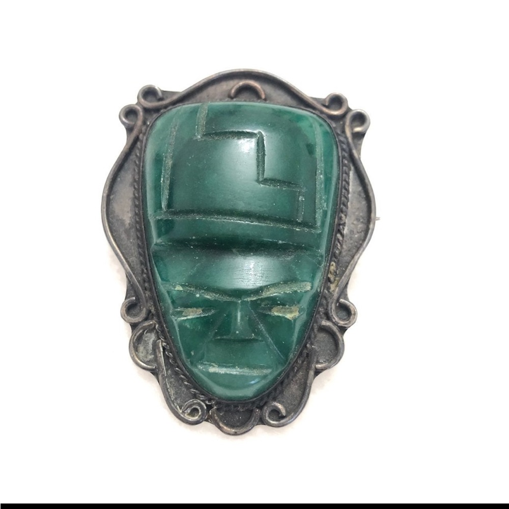 Fabulous STERLING Green Stone Face Brooch Pin